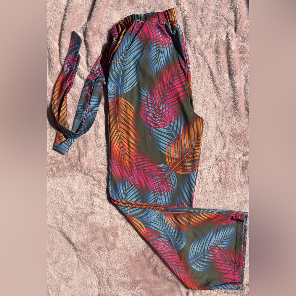 Tropical Leaf Print Wide-Leg Pants | Vacation Beach Lounge - Picture 2 of 7